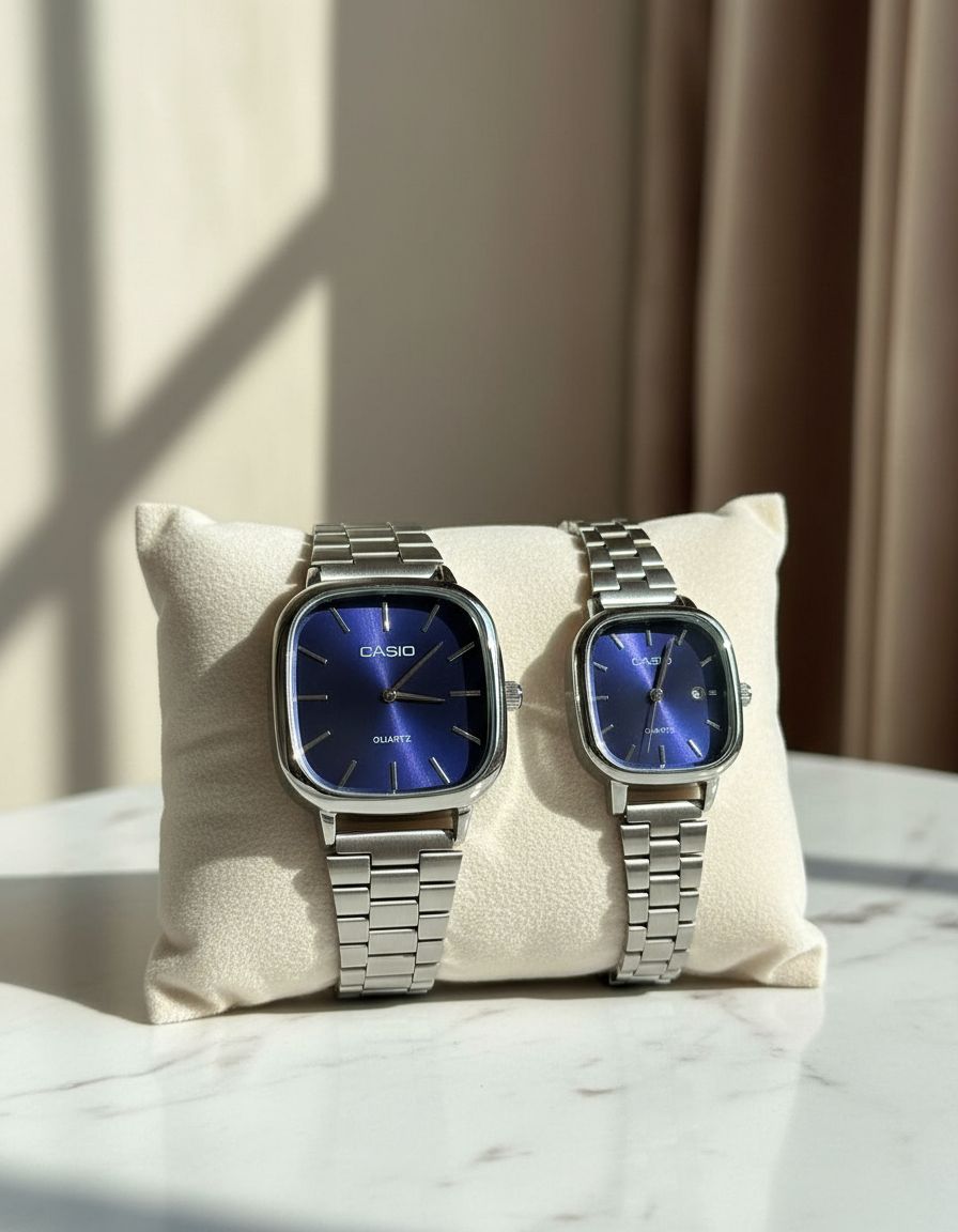 Montre Casio couple silver fond bleu