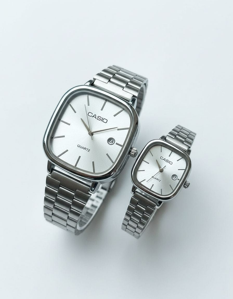 Montres Couple Argentées Casio | Duo Élégant Acier Inoxydable