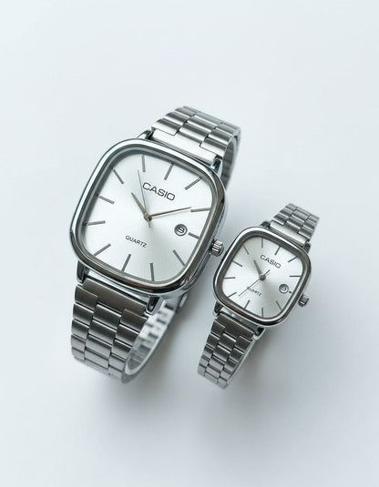 Montres Couple Argentées Casio | Duo Élégant Acier Inoxydable