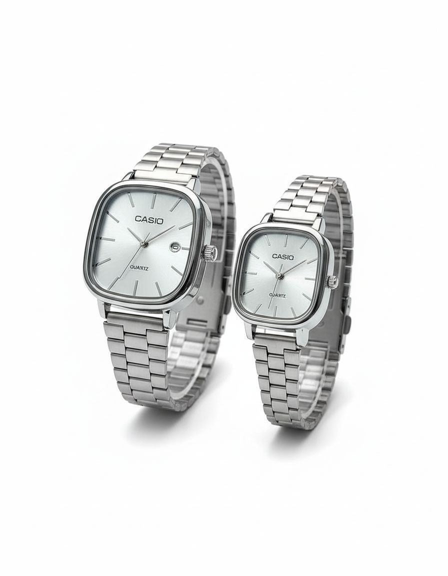 Montres Couple Argentées Casio | Duo Élégant Acier Inoxydable