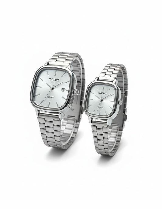 Montres Couple Argentées Casio | Duo Élégant Acier Inoxydable