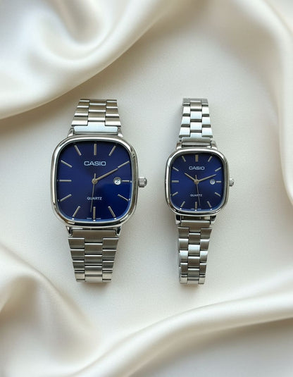 Montre Casio couple silver fond bleu